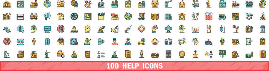100 help icons set. Color line set of help vector icons thin line color flat on white