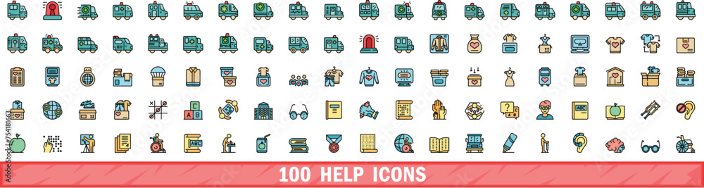 Poster 100 help icons set. color line set of help vector icons thin line color flat on white