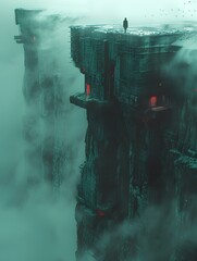 Uncharted architecture combined with the foggy cliffs of the great gorge. Silhouette of a man standing on top of it. cinematic movie scene, insane atmosphere. generative AI