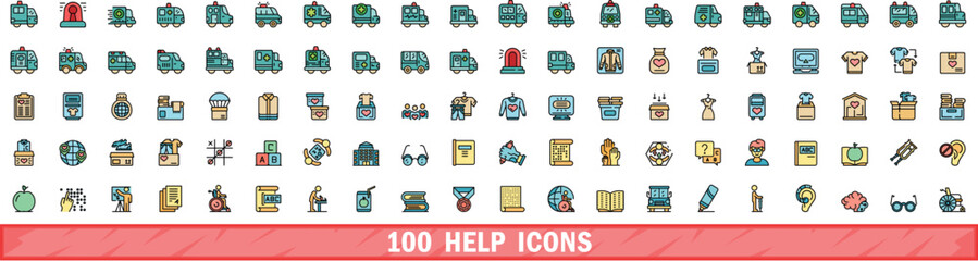 100 help icons set. Color line set of help vector icons thin line color flat on white
