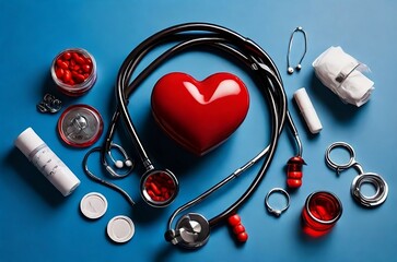 Heart health medical tools stethoscope pills red heart-shaped object healthcare diagnostics equipment medical supplies healthy heart monitoring instruments doctor nurse medicine prevention

