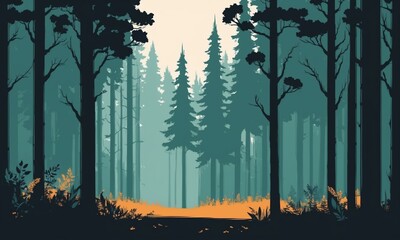 Forest landscape with road in the forest. illustration in flat style.