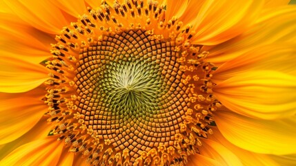 Obraz premium close-up view of a vibrant sunflower with detailed petals and seeds visible. Floral abstract background