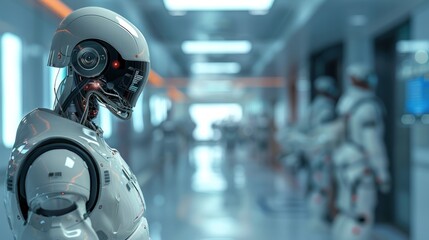 Future robots in smart hospitals will take care of the elderly It presents artificial intelligence based on the concept. and health care consulting services - obrazy, fototapety, plakaty