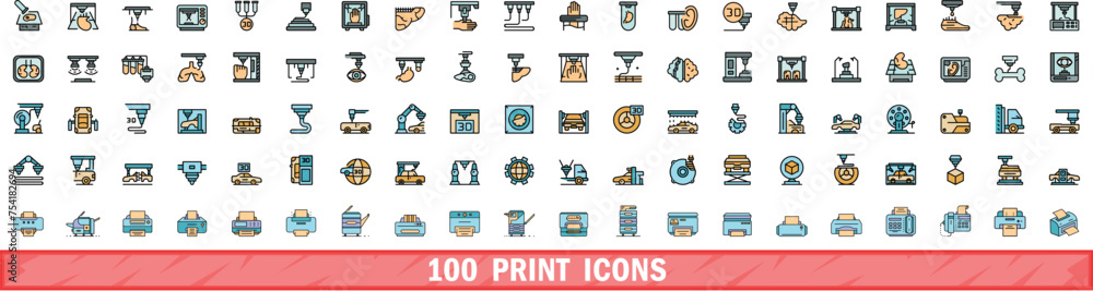 Poster 100 print icons set. color line set of print vector icons thin line color flat on white