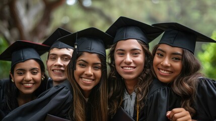 Obraz premium Group of cheerful college or university students and friends from various nationalities and friends. Wear a graduation cap and a black graduation gown. A certificate in hand, smiling at the camera.