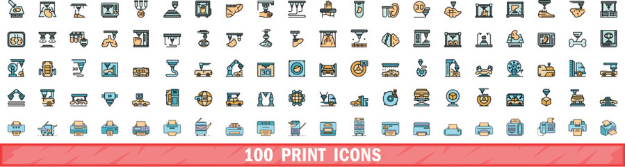 100 print icons set. Color line set of print vector icons thin line color flat on white