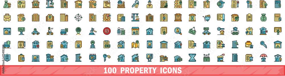 Poster 100 property icons set. color line set of property vector icons thin line color flat on white