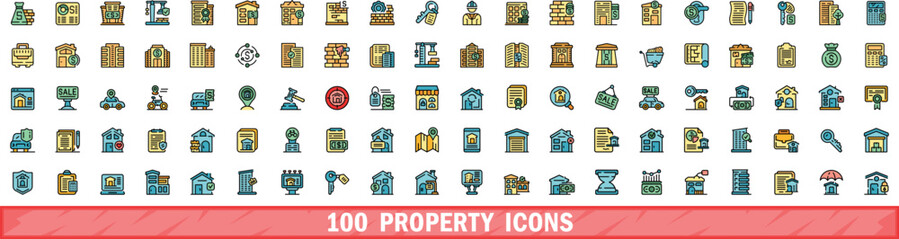 100 property icons set. Color line set of property vector icons thin line color flat on white