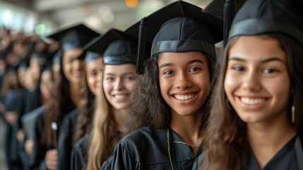 Group of cheerful college or university students and friends from various nationalities and friends. Wear a graduation cap and a black graduation gown. A certificate in hand, smiling at the camera.