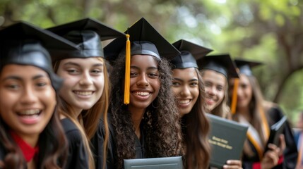 Group of cheerful college or university students and friends from various nationalities and friends. Wear a graduation cap and a black graduation gown. A certificate in hand, smiling at the camera. - obrazy, fototapety, plakaty