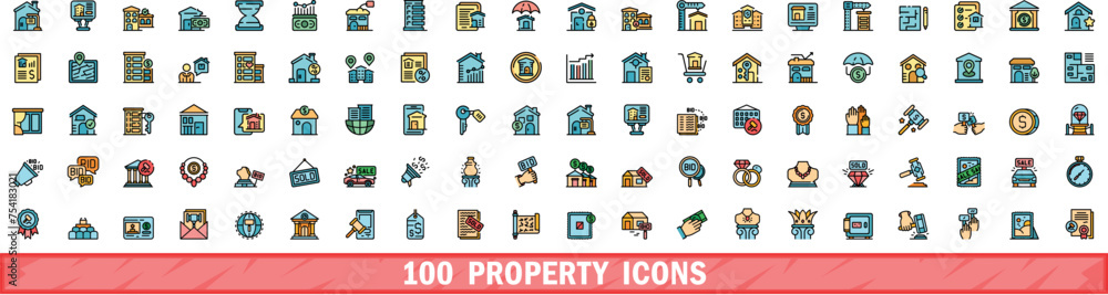 Wall mural 100 property icons set. Color line set of property vector icons thin line color flat on white - Wall murals
