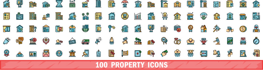 100 property icons set. Color line set of property vector icons thin line color flat on white