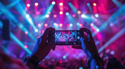Holding a smartphone, recording live music festivals and taking photos of concert stages, fancy party festivals. - obrazy, fototapety, plakaty