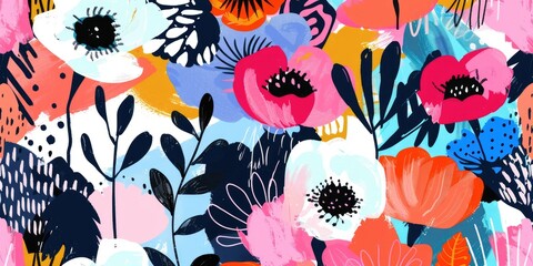 Bright, artistic, hand-drawn abstract floral print. Generative Ai - obrazy, fototapety, plakaty
