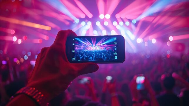 Holding a smartphone, recording live music festivals and taking photos of concert stages, fancy party festivals.