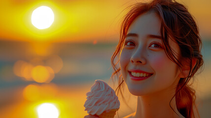 Beautiful smiling young  Chinese / Japanese Asian woman eating an ice cream on a beach with the sea in the background at sunset.