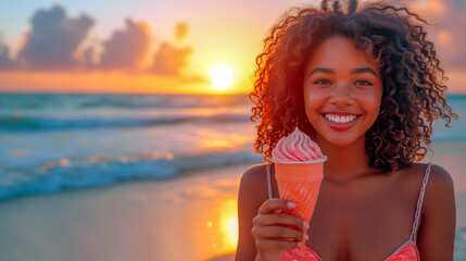 Beautiful smiling afro Caribbean black young woman eating an ice cream on a beach with the sea in the background at sunset
