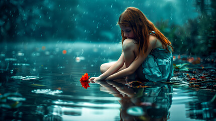 Young girl is kneeling in a lake waters edge floating a red flower