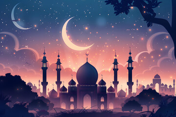 Islamic Ramadan Kareem or Eid Mubarak background wallpaper featuring a mosque, crescent moon, and starry night sky. Ideal for designs, greeting cards, posters, social media banners, and Eid Mubarak po - obrazy, fototapety, plakaty