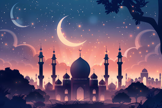 Islamic Ramadan Kareem or Eid Mubarak background wallpaper featuring a mosque, crescent moon, and starry night sky. Ideal for designs, greeting cards, posters, social media banners, and Eid Mubarak po