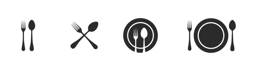 Cutlery silhouettes. Fork, knife, spoon, and plate icon set,  Logotype tableware. Vector illustration EPS 10