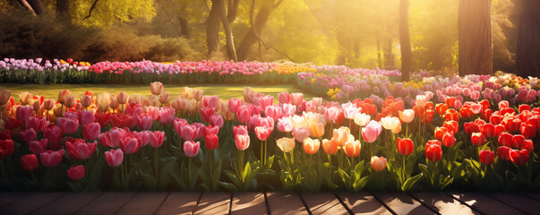 Banner of vibrant tulips in full bloom against a sunrise backdrop
