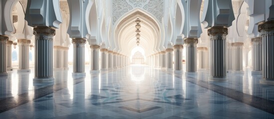 A grand room inside the Hassan II Mosque in Casablanca, Morocco, featuring towering columns and a bright light at the far end, creating a striking visual perspective. - obrazy, fototapety, plakaty