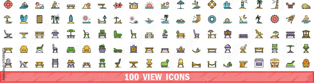 Poster 100 view icons set. color line set of view vector icons thin line color flat on white