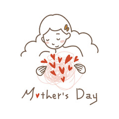 Mother's day greeting card. Vector illustration with woman holding red hearts