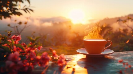 hot coffee and sunrise nature background. beautiful nature view with hot coffee. seamless looping overlay 4k virtual video animation background - obrazy, fototapety, plakaty
