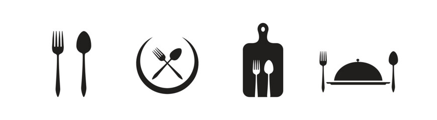 Fork & spoon icon set, Set of fork, knife, spoon, Logotype menu. Silhouette of cutlery. Vector illustration