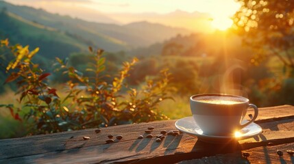 hot coffee and sunrise nature background. beautiful nature view with hot coffee. seamless looping overlay 4k virtual video animation background - obrazy, fototapety, plakaty