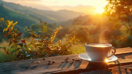Fotobehang hot coffee and sunrise nature background. beautiful nature view with hot coffee. seamless looping overlay 4k virtual video animation background © sirisakboakaew