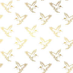 Gray heron gold lineart seamless pattern