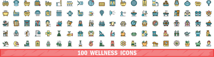 100 wellness icons set. Color line set of wellness vector icons thin line color flat on white