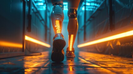 An unrecognizable disabled athlete walks on a lighted walkway with a bionic prosthetic leg that uses robotic technology. - obrazy, fototapety, plakaty
