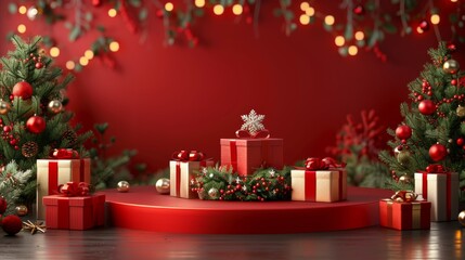 Fototapeta na wymiar Gift product sale, Christmas stage winter display new year banner box.