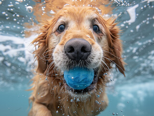 A Golden Retriever, underwater in a pool, with a ball, wide angle.