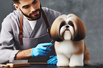 Professional grooming of a beautiful pedigree Shih Tzu dog. generated ai