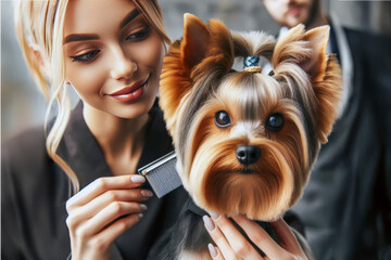 Professional grooming for a beautiful yokshire terrier. generated ai