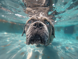 A Mastiff dog underwater in a pool, wide angle. - obrazy, fototapety, plakaty