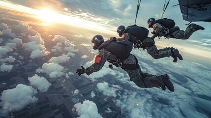 A combat soldier or parachutist jumps out of an airplane to practice air combat repair. - obrazy, fototapety, plakaty