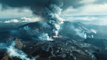 Aerial view of a large volcano erupting A large volcano erupts, releasing hot lava and gases into the atmosphere. volcanic erosion Revealing the night sky Showcasing the enchanting nature