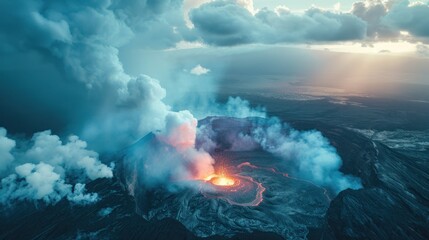Aerial view of a large volcano erupting A large volcano erupts, releasing hot lava and gases into the atmosphere. volcanic erosion Revealing the night sky Showcasing the enchanting nature