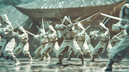 Origami warriors wielding katanas in an arena of combat, plotting for the throne Full HD, ultra-realistic textures
