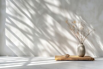 Wooden shelf and vase with dried flowers on white wall background