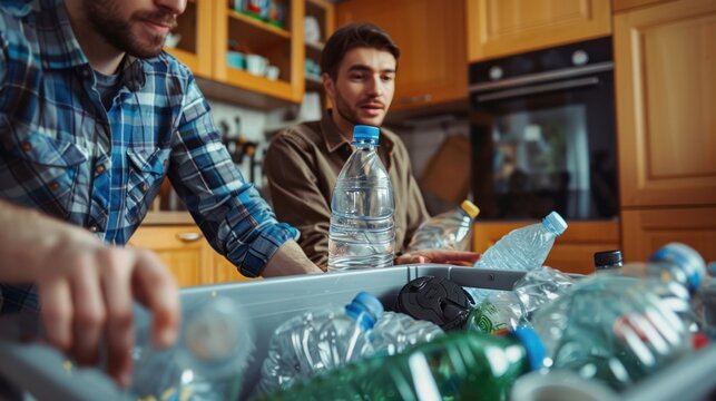 Low angle view at father and son sorting household waste at home together, recycling bin POV