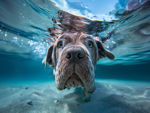 A Mastiff dog underwater in a pool, wide angle.