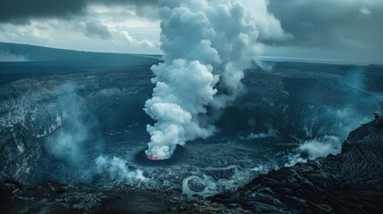 Fototapeta na wymiar Aerial view of a large volcano erupting A large volcano erupts, releasing hot lava and gases into the atmosphere. volcanic erosion Revealing the night sky Showcasing the enchanting nature
